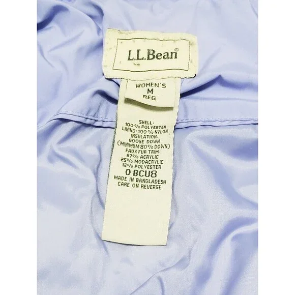 LL Bean Puffer Coat Women's Medium Light Blue Goose Down Hooded Faux Fur Long